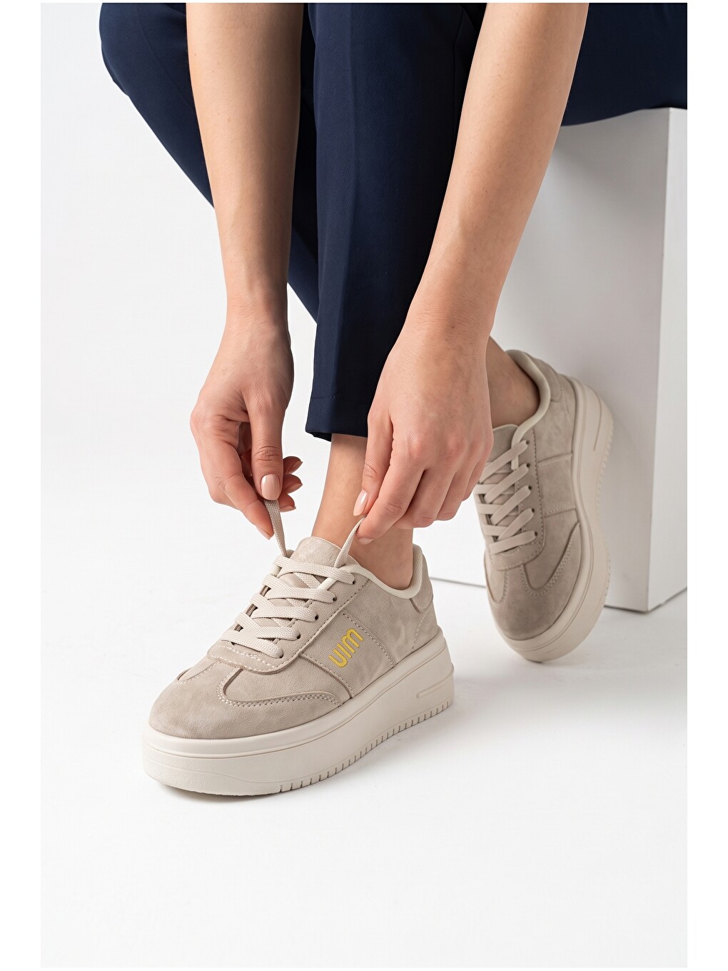 Ekru Kadın, Süet Doku, Kalın Taban, Bağcıklı, Günlük Sneaker Ayakkabı-7