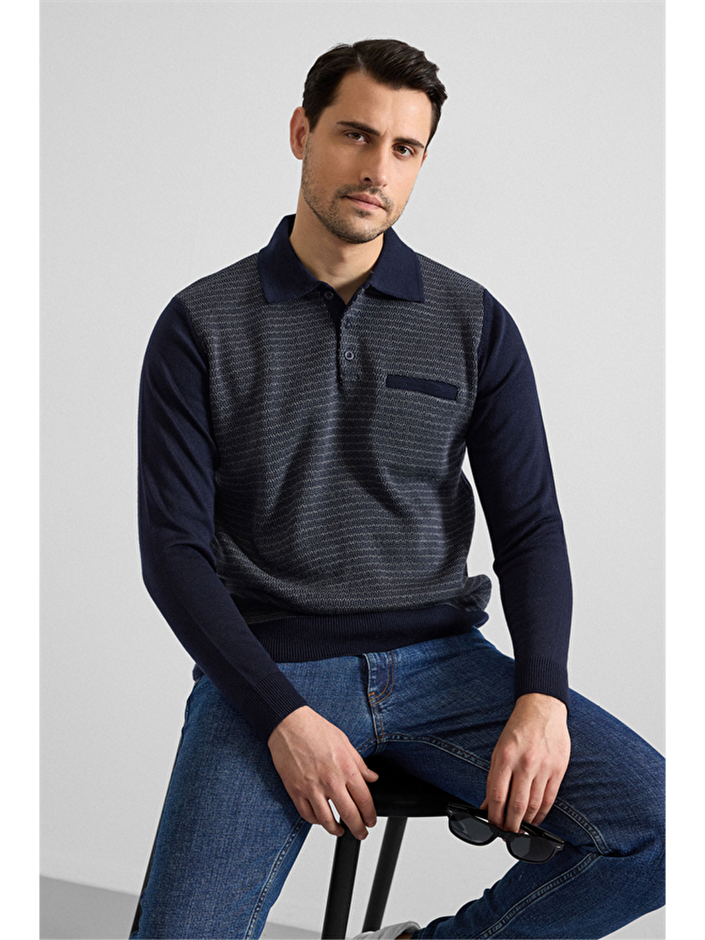 Lacivert Regular Fermuarlı Polo Yaka Kazak-4