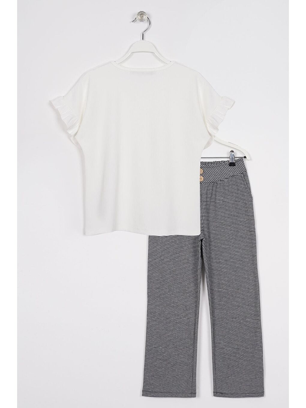 Beyaz Bisiklet Yaka Kısa Kol Pötikare Detaylı Ekru Siyah Renk Kız Çocuk Pantolon Takım-2