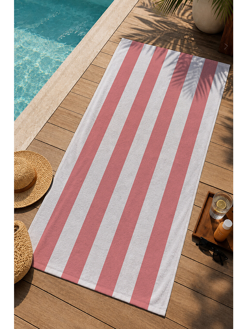 Milbay Grup Pembe Beyaz Kalın Dikey Çizgili 70x150 Cm Dijital Plaj Ve Banyo Havlusu-37390-2
