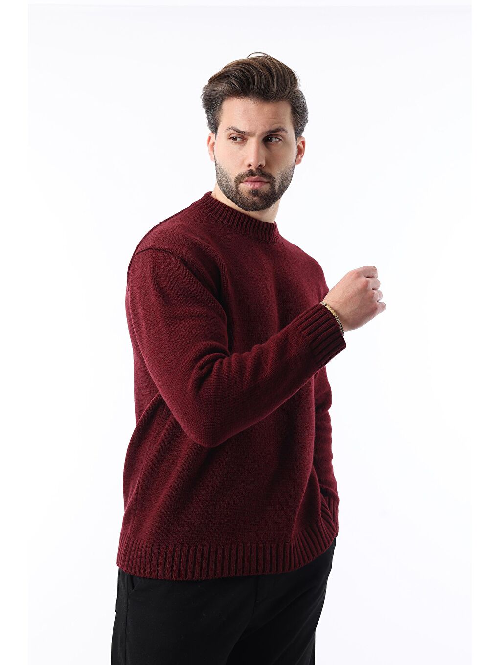 Bordo Bisiklet Yaka Overfit Erkek Triko Kazak E7402-2