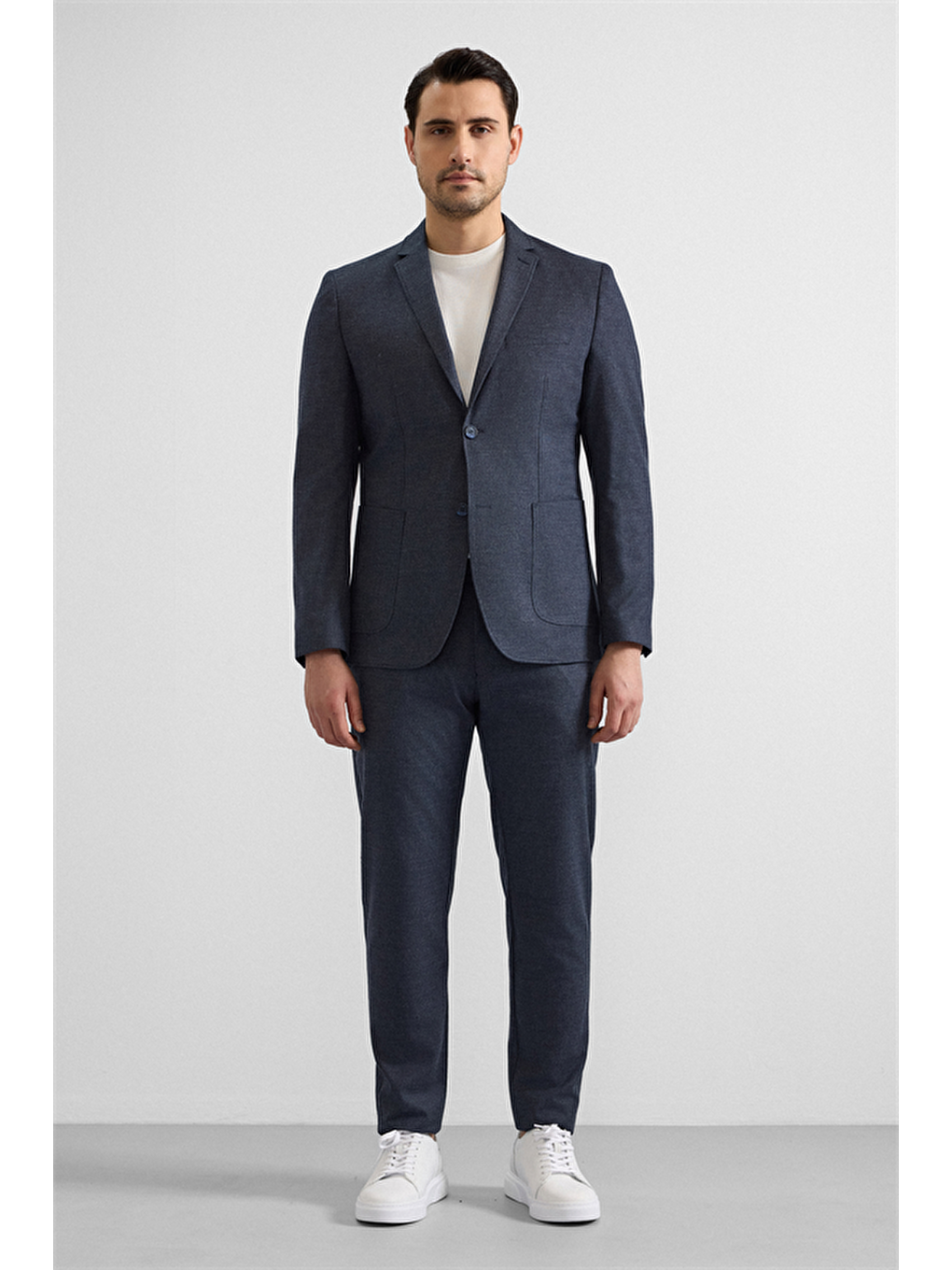 Lacivert Slim Mono Yaka Düz Torba Cep 6 Drop Takım Elbise-1