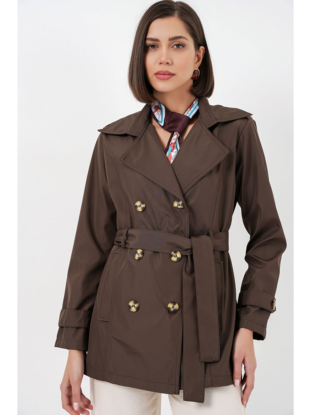 Kadın Kuşaklı Kısa Trençkot 5982 - Kahverengi-2