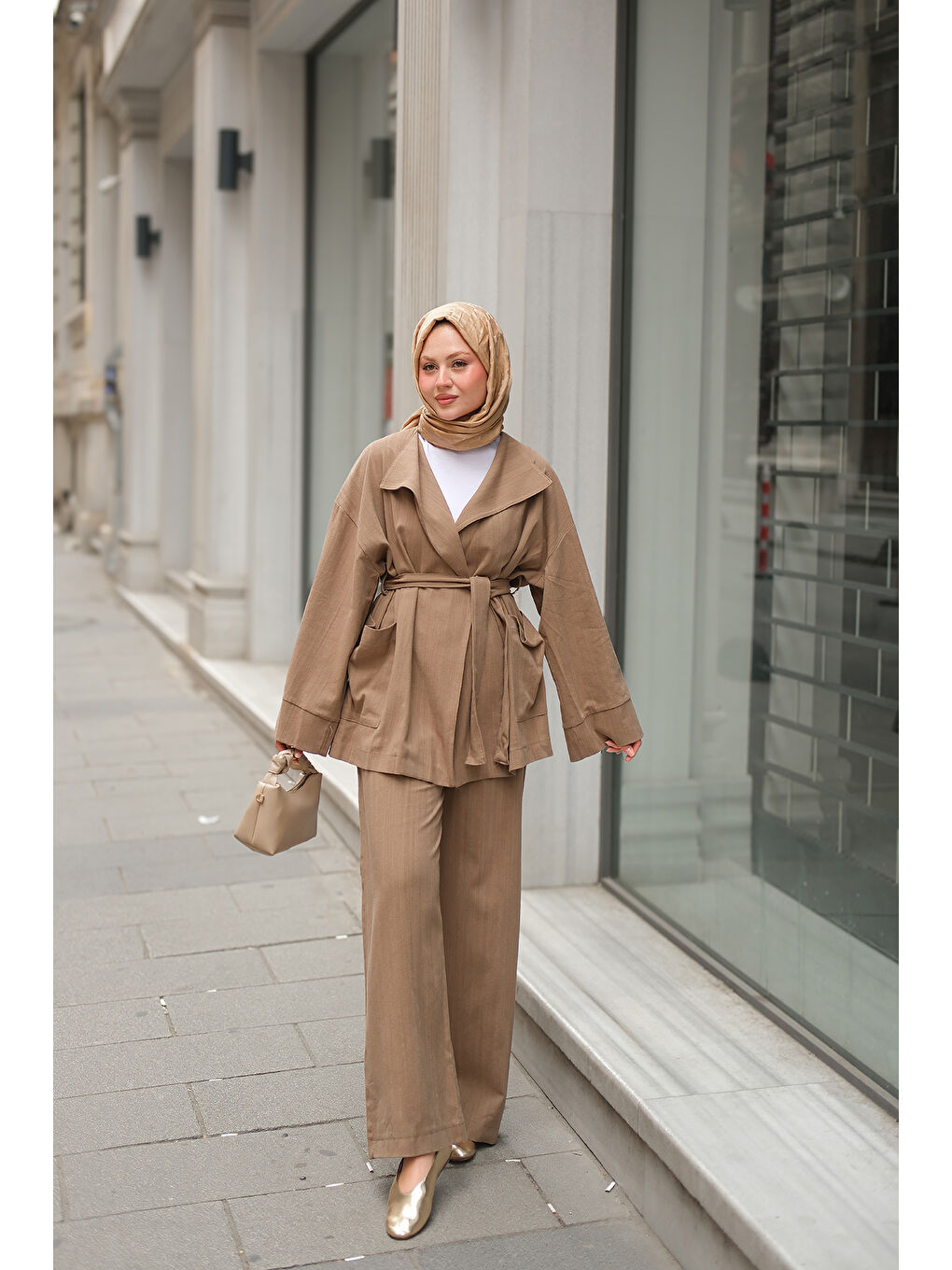 Kahverengi Kadın Geniş Yakalı Takım Açık Kahve-1