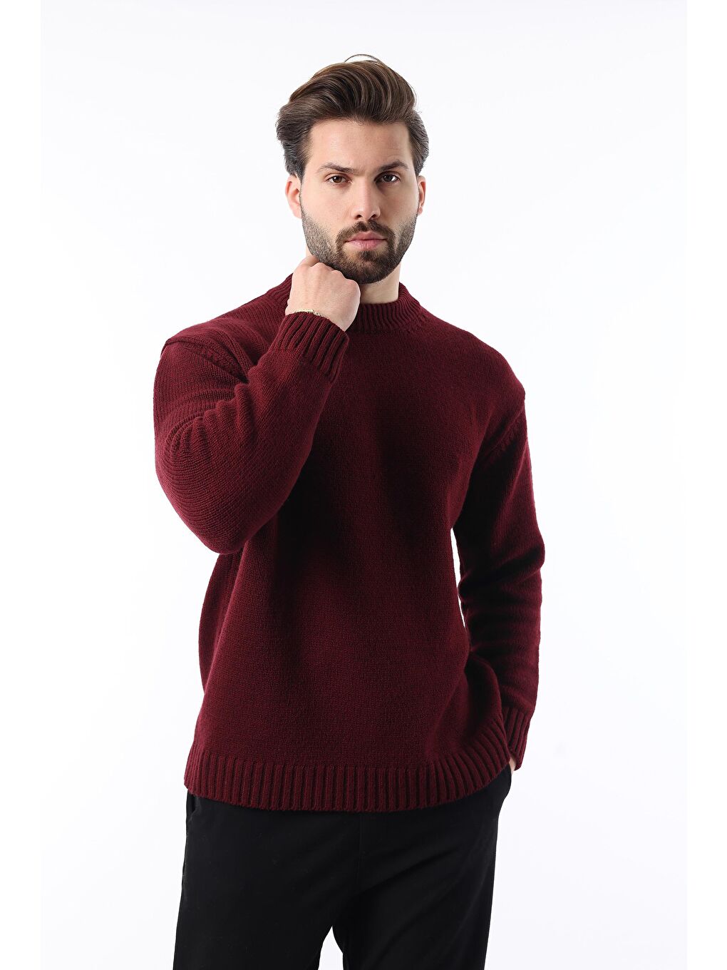 Bordo Bisiklet Yaka Overfit Erkek Triko Kazak E7402-3