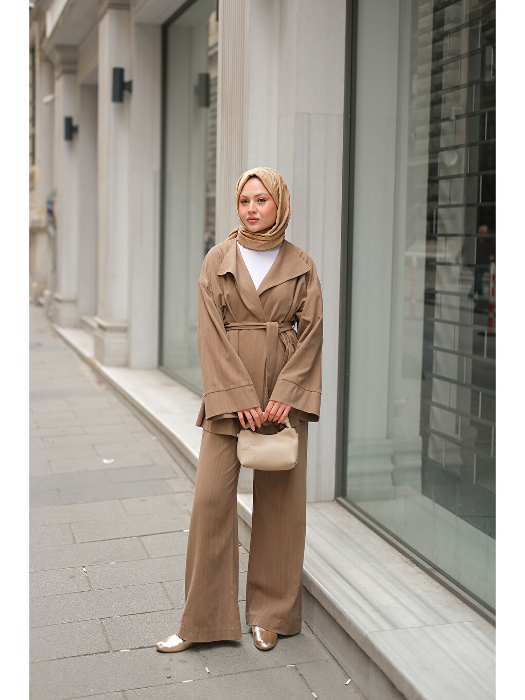 Kahverengi Kadın Geniş Yakalı Takım Açık Kahve-2