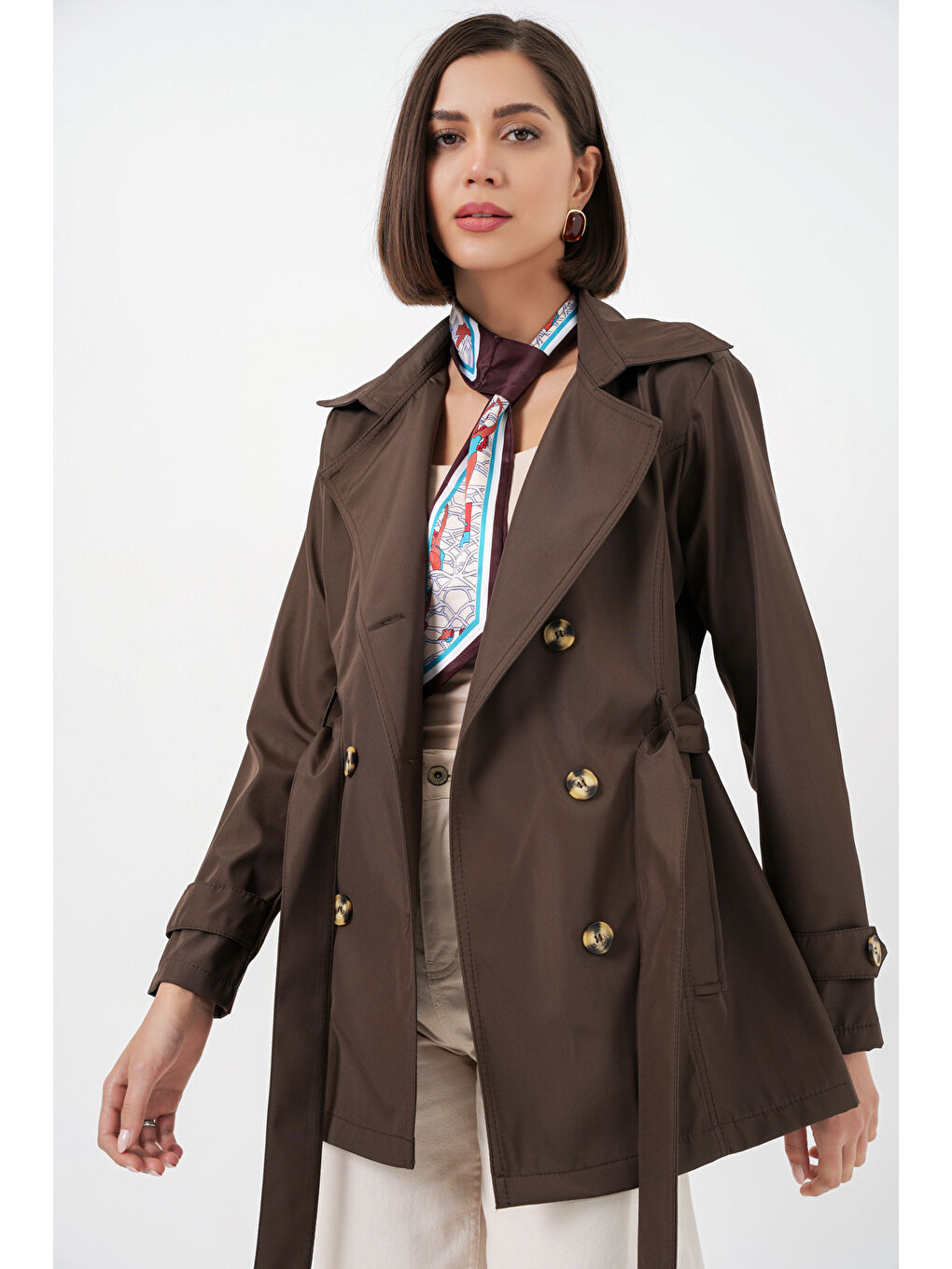 Kadın Kuşaklı Kısa Trençkot 5982 - Kahverengi-3