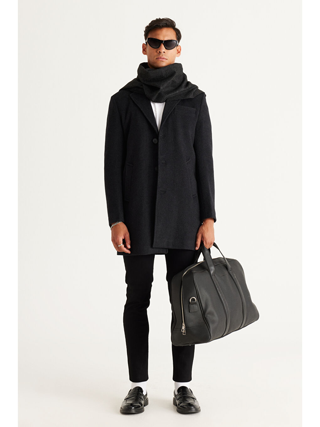 Erkek Antrasit Standart Fit Normal Kesim Mono Yaka Yünlü Palto