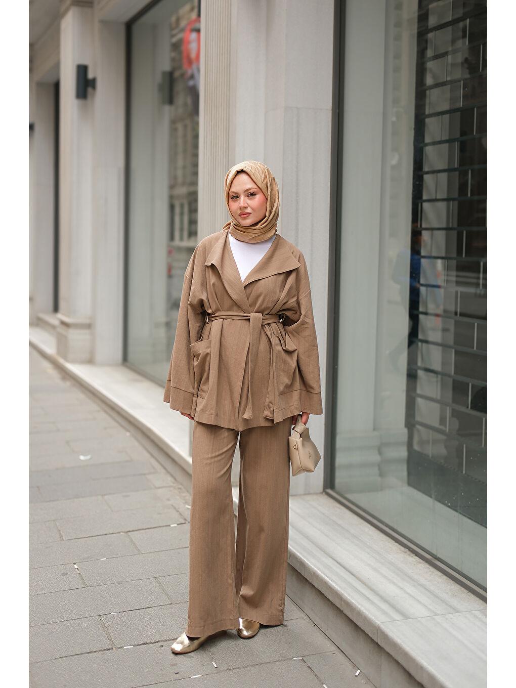 Kahverengi Kadın Geniş Yakalı Takım Açık Kahve-3