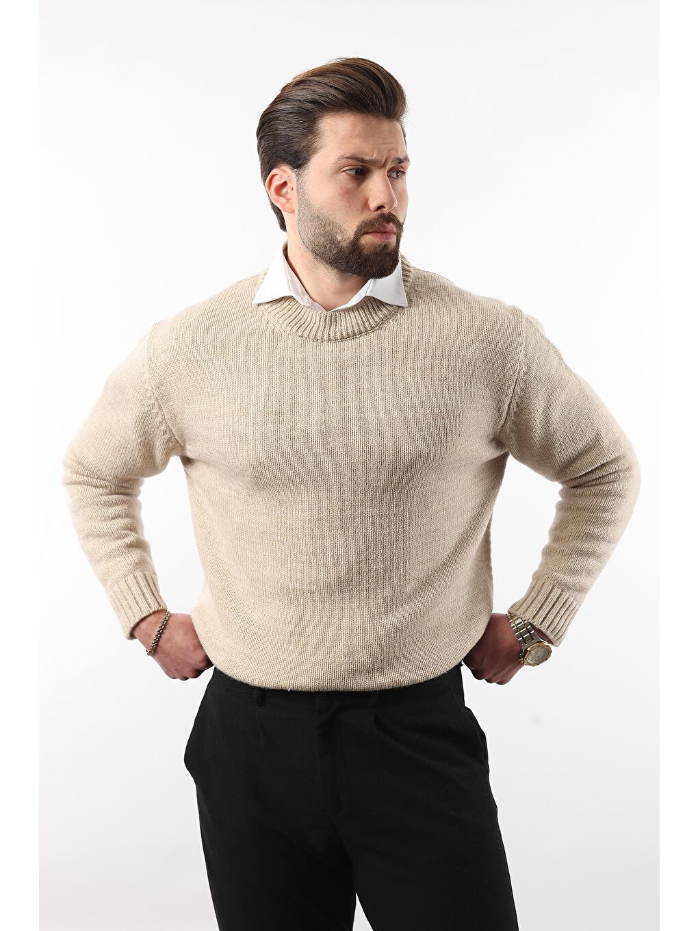 Bej Bisiklet Yaka Overfit Erkek Triko Kazak E7402-1