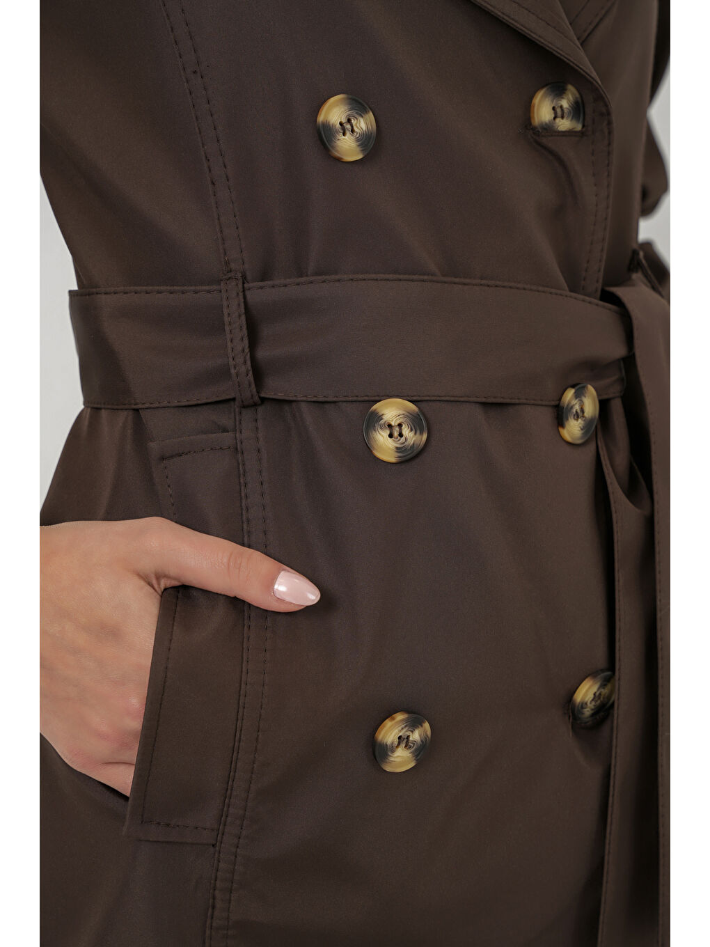 Kadın Kuşaklı Kısa Trençkot 5982 - Kahverengi-4