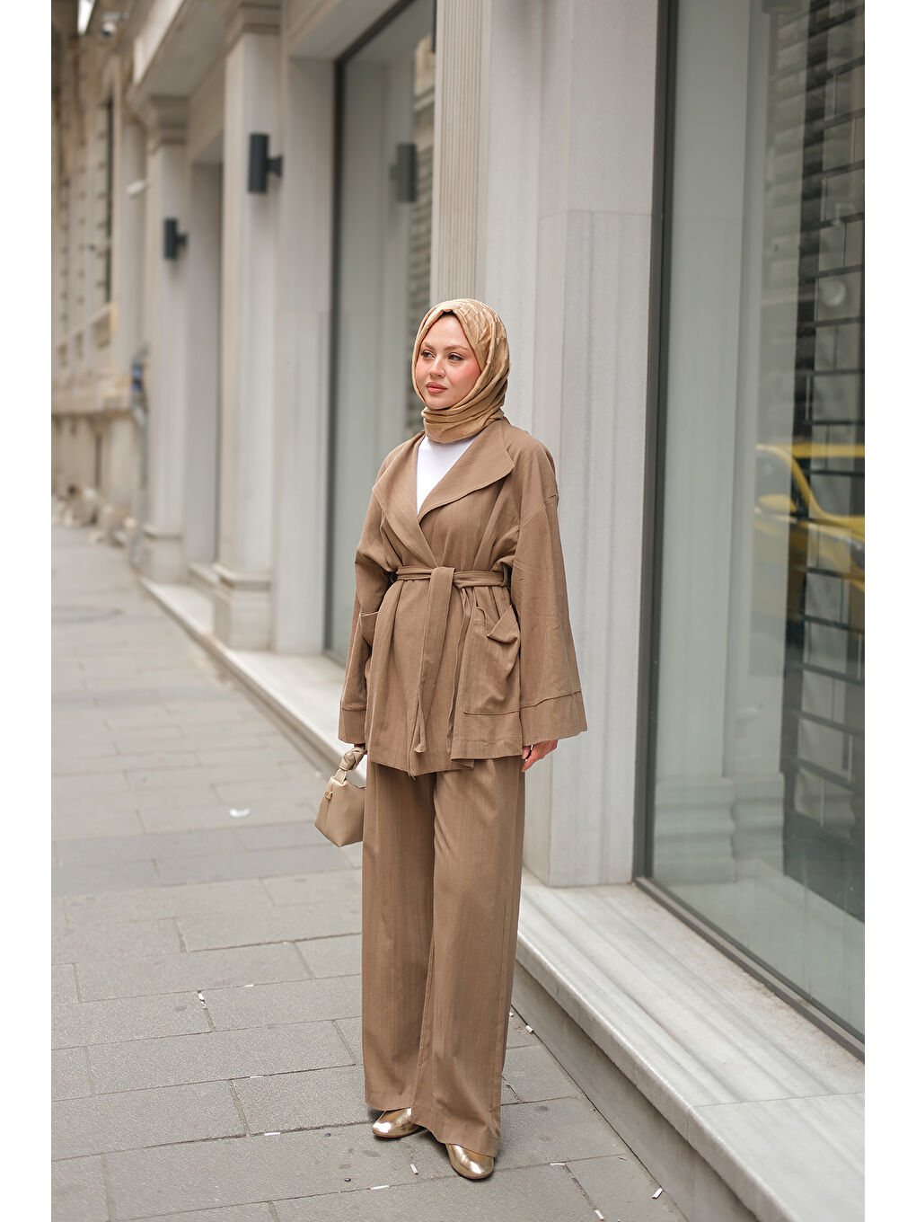 Kahverengi Kadın Geniş Yakalı Takım Açık Kahve-4