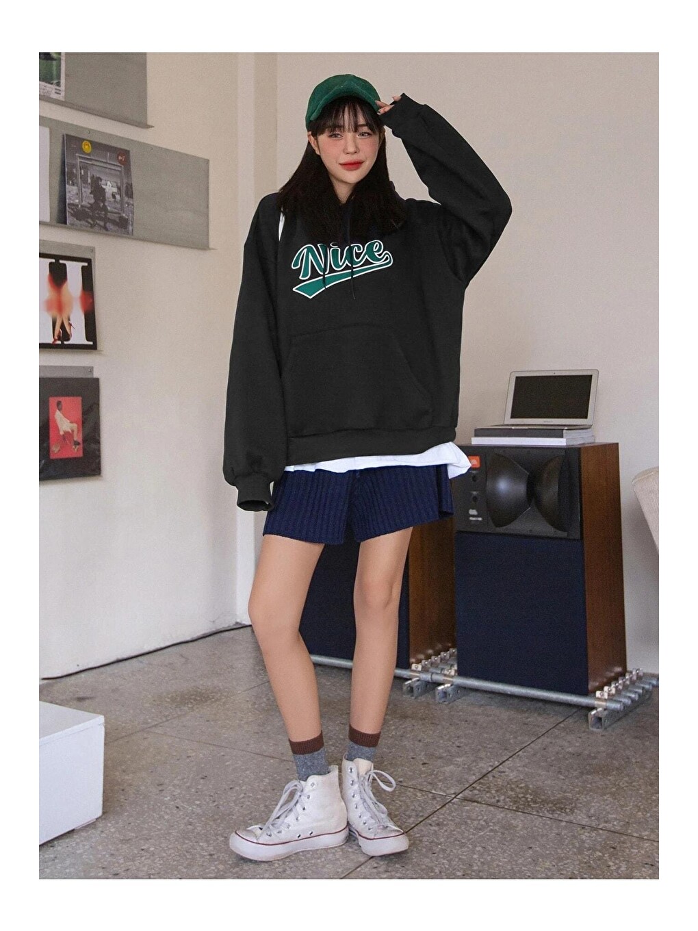 Kadın Siyah Oversize Nice Baskılı Sweatshirt-2
