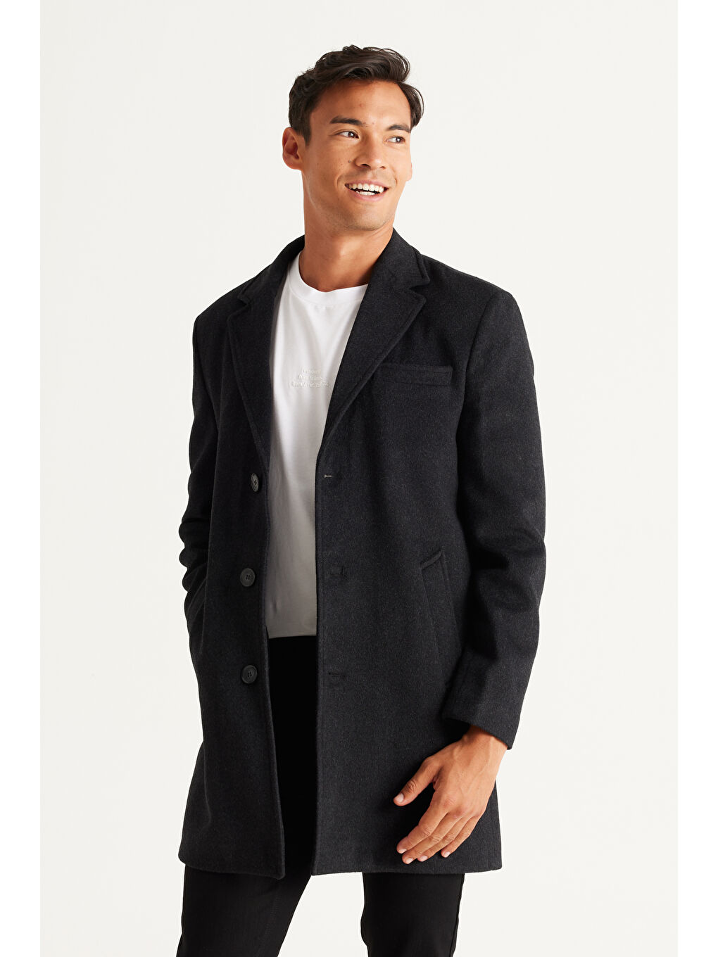 Erkek Antrasit Standart Fit Normal Kesim Mono Yaka Yünlü Palto-1