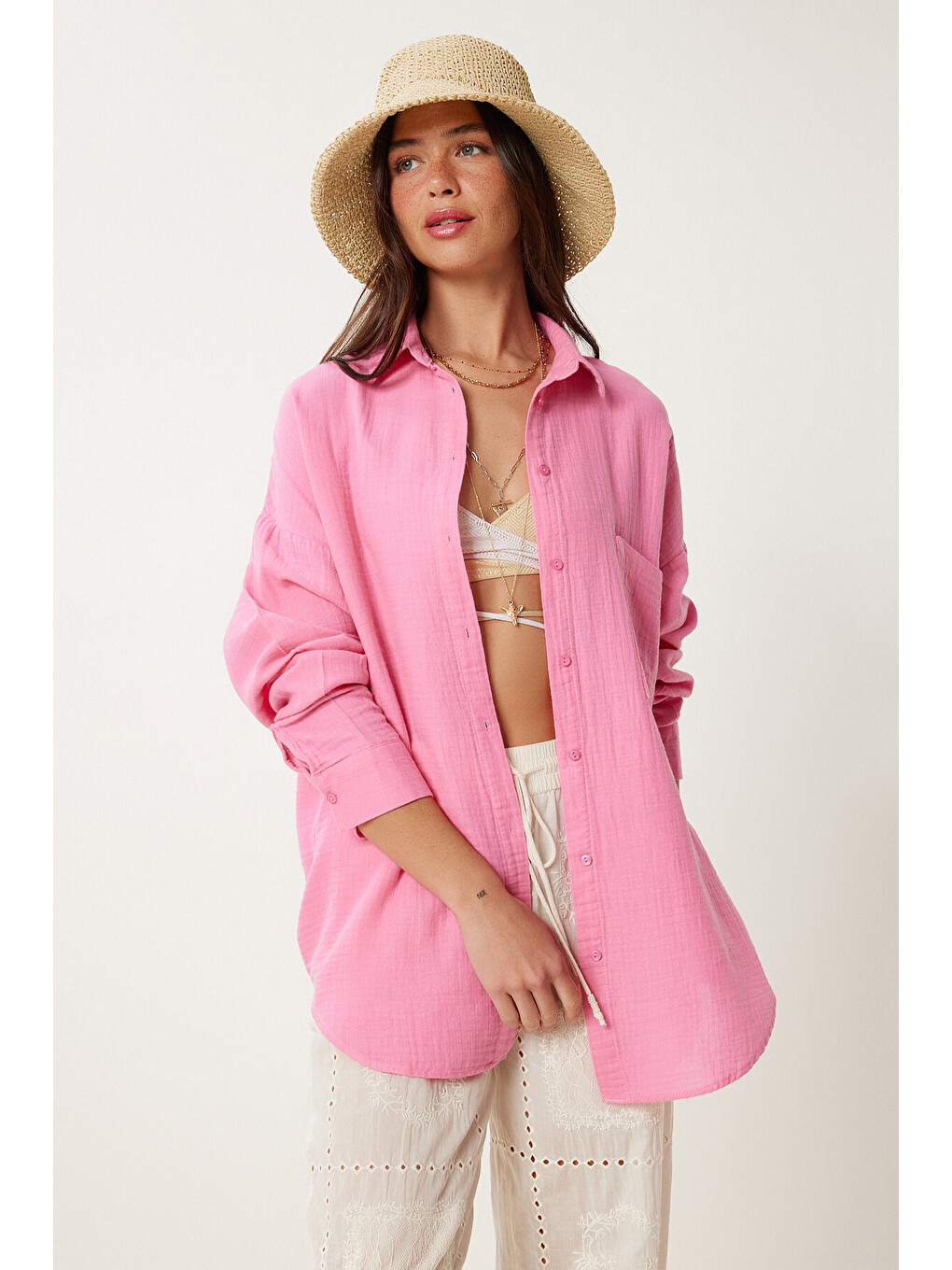 Pembe Oversize Basic Müslin Gömlek AÇIK PEMBE LMX0002-1