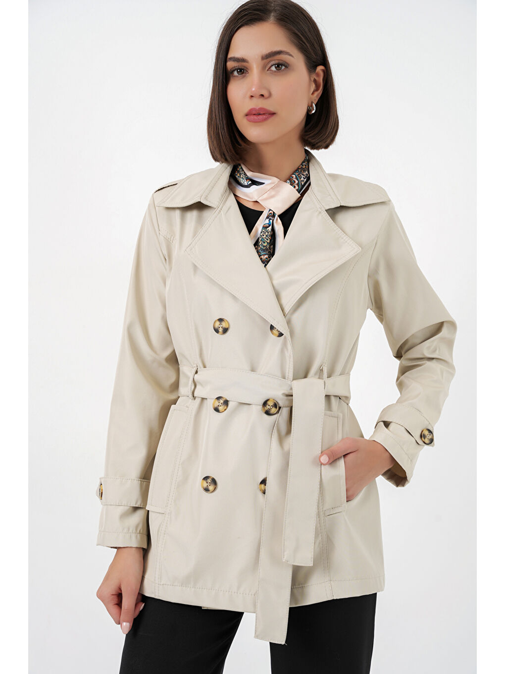 Kadın Kuşaklı Kısa Trençkot 5982 - Bej-2