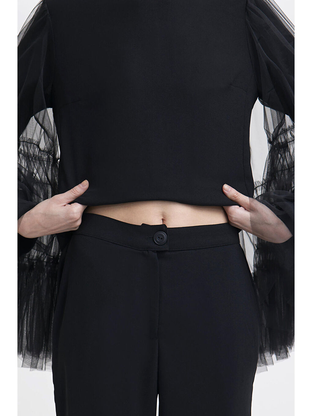 Siyah Tül Kol Detaylı Tunik Pantolon Takım-4