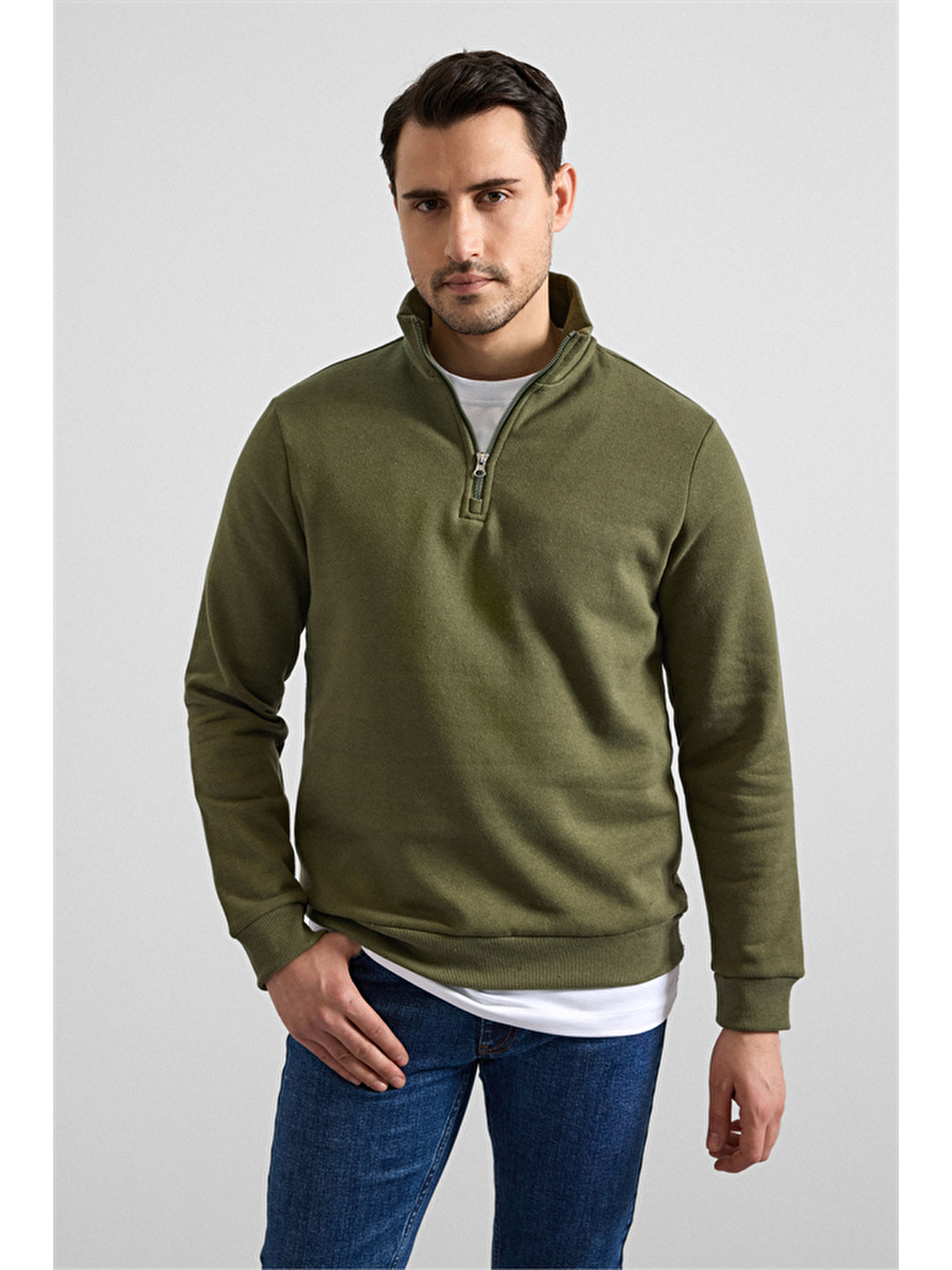 Haki Regular Düz Yarım Balıkçı Yaka Sweatshirt