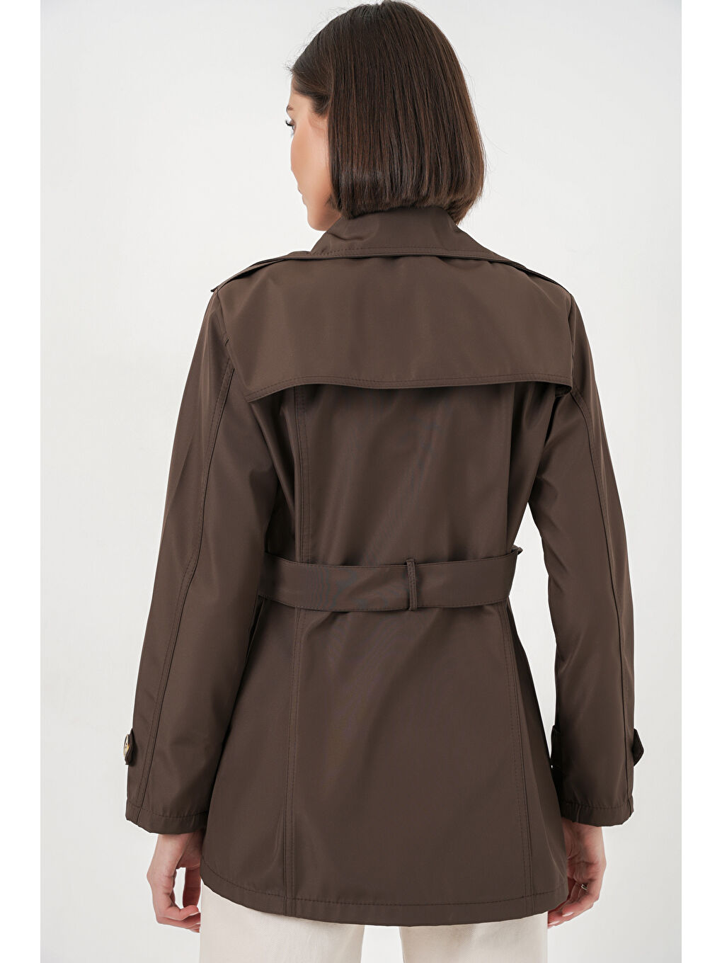 Kadın Kuşaklı Kısa Trençkot 5982 - Kahverengi-5