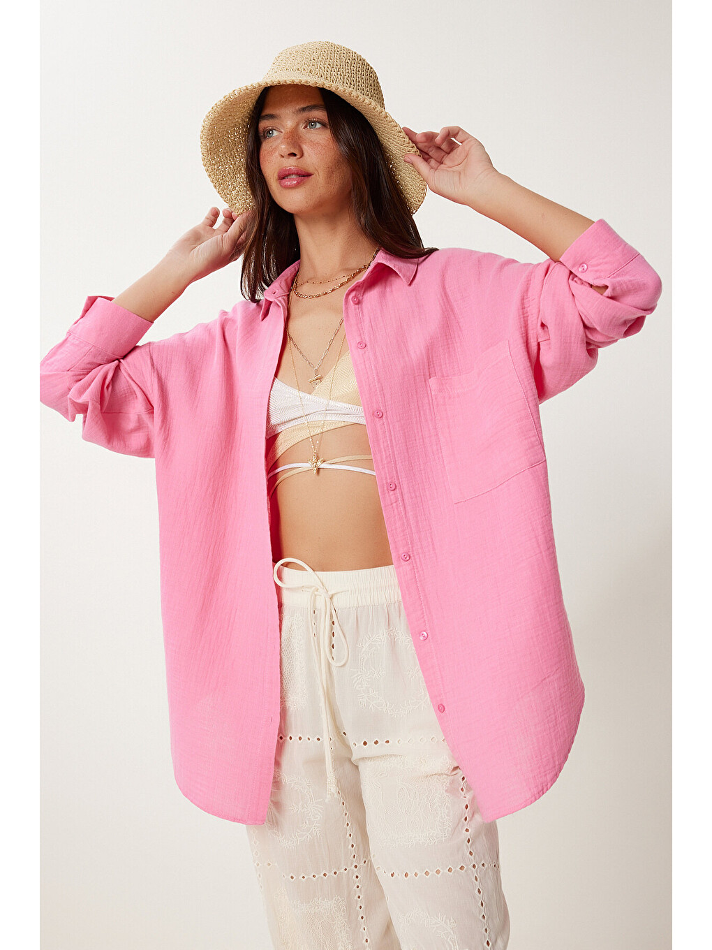 Pembe Oversize Basic Müslin Gömlek AÇIK PEMBE LMX0002-2