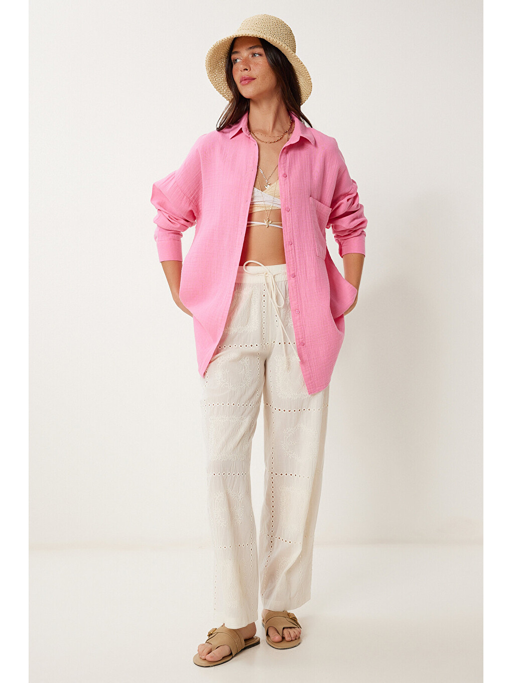 Pembe Oversize Basic Müslin Gömlek AÇIK PEMBE LMX0002-3