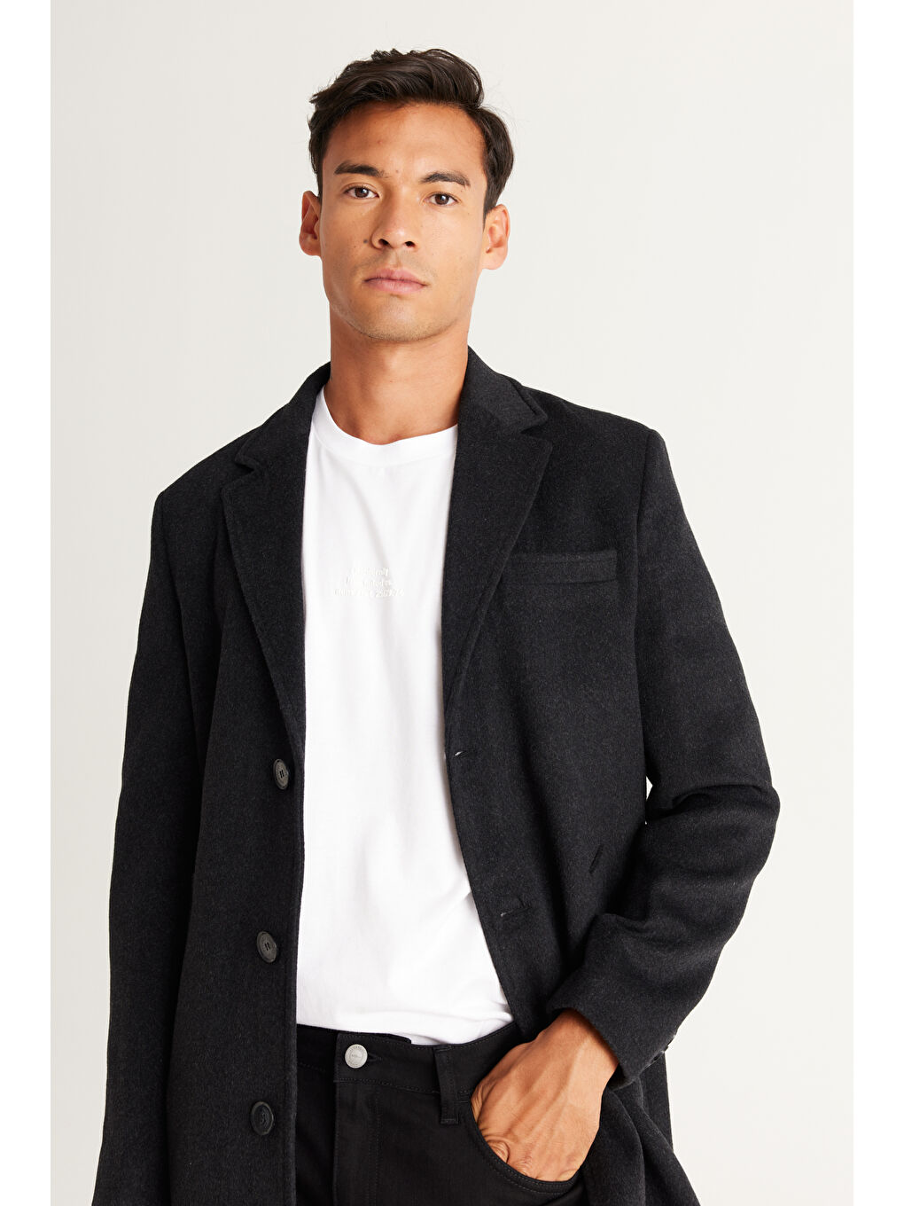 Erkek Antrasit Standart Fit Normal Kesim Mono Yaka Yünlü Palto-3