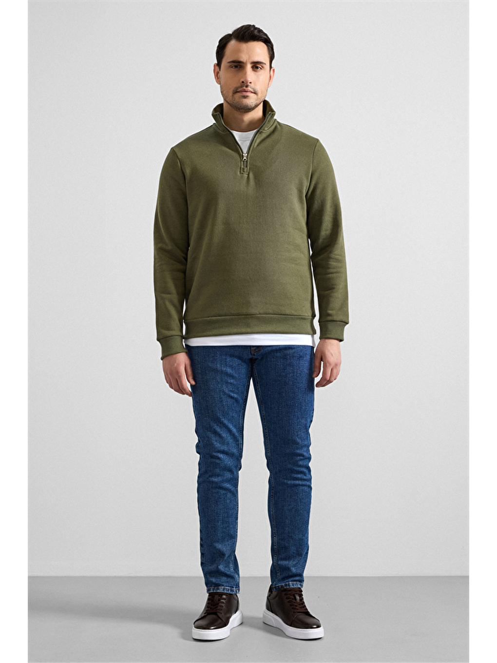 Haki Regular Düz Yarım Balıkçı Yaka Sweatshirt-3