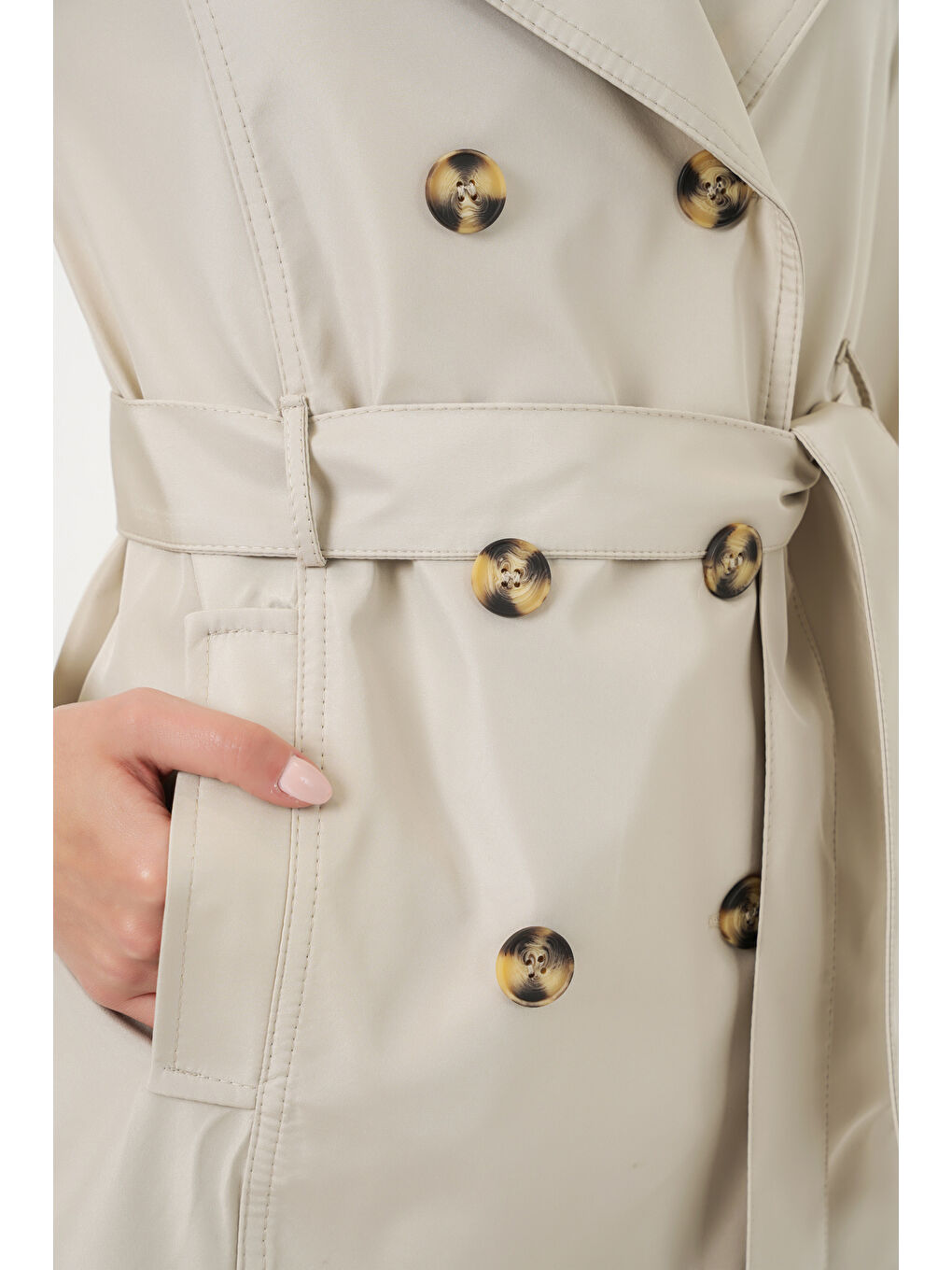 Kadın Kuşaklı Kısa Trençkot 5982 - Bej-3