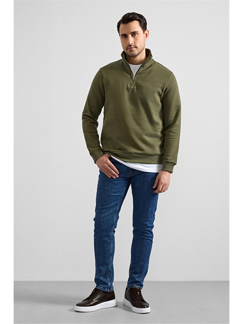 Haki Regular Düz Yarım Balıkçı Yaka Sweatshirt-4