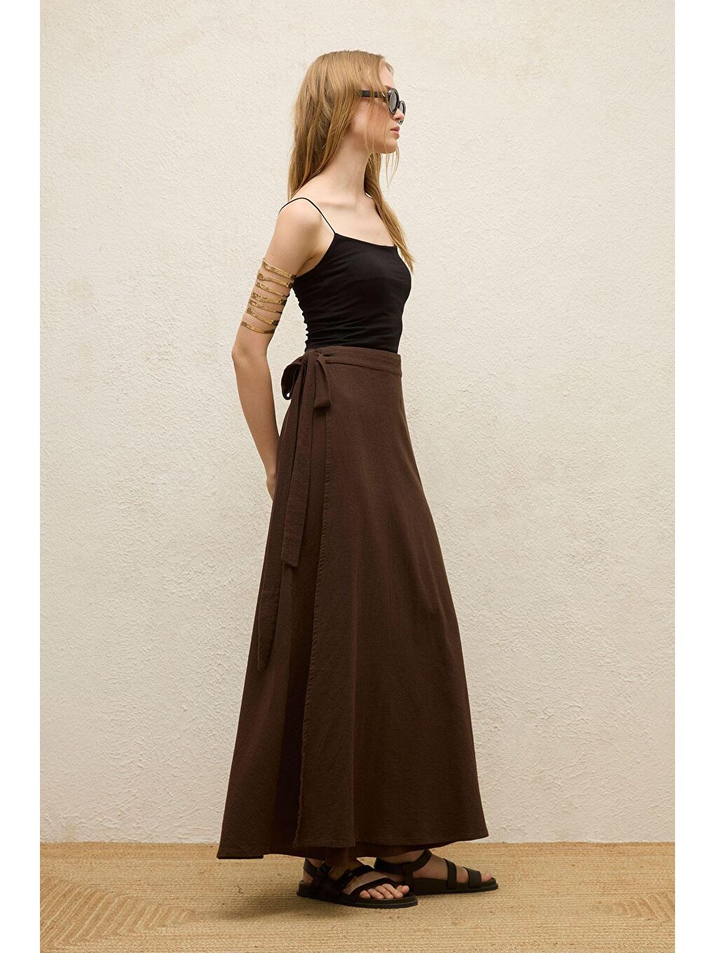 Kahverengi Pamuklu Bağlamalı Kruvaze Etek Acı Kahve-2