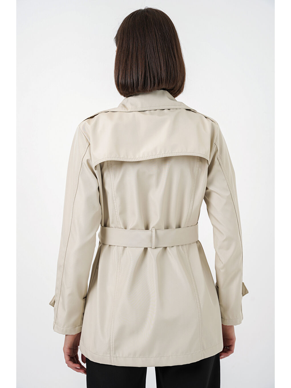 Kadın Kuşaklı Kısa Trençkot 5982 - Bej-4