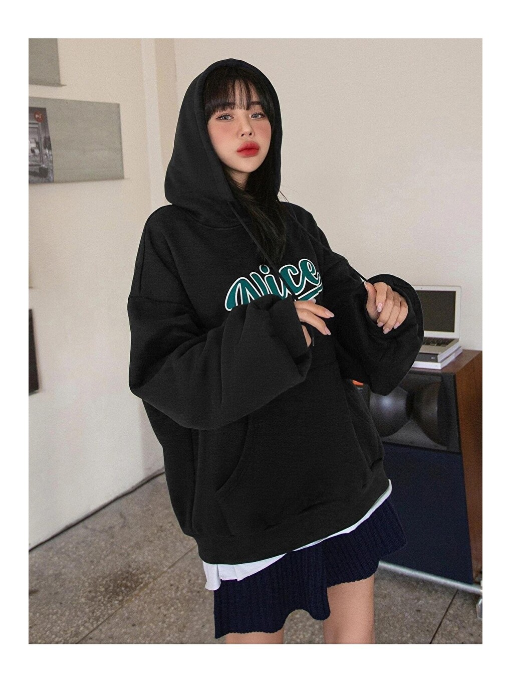 Kadın Siyah Oversize Nice Baskılı Sweatshirt-4