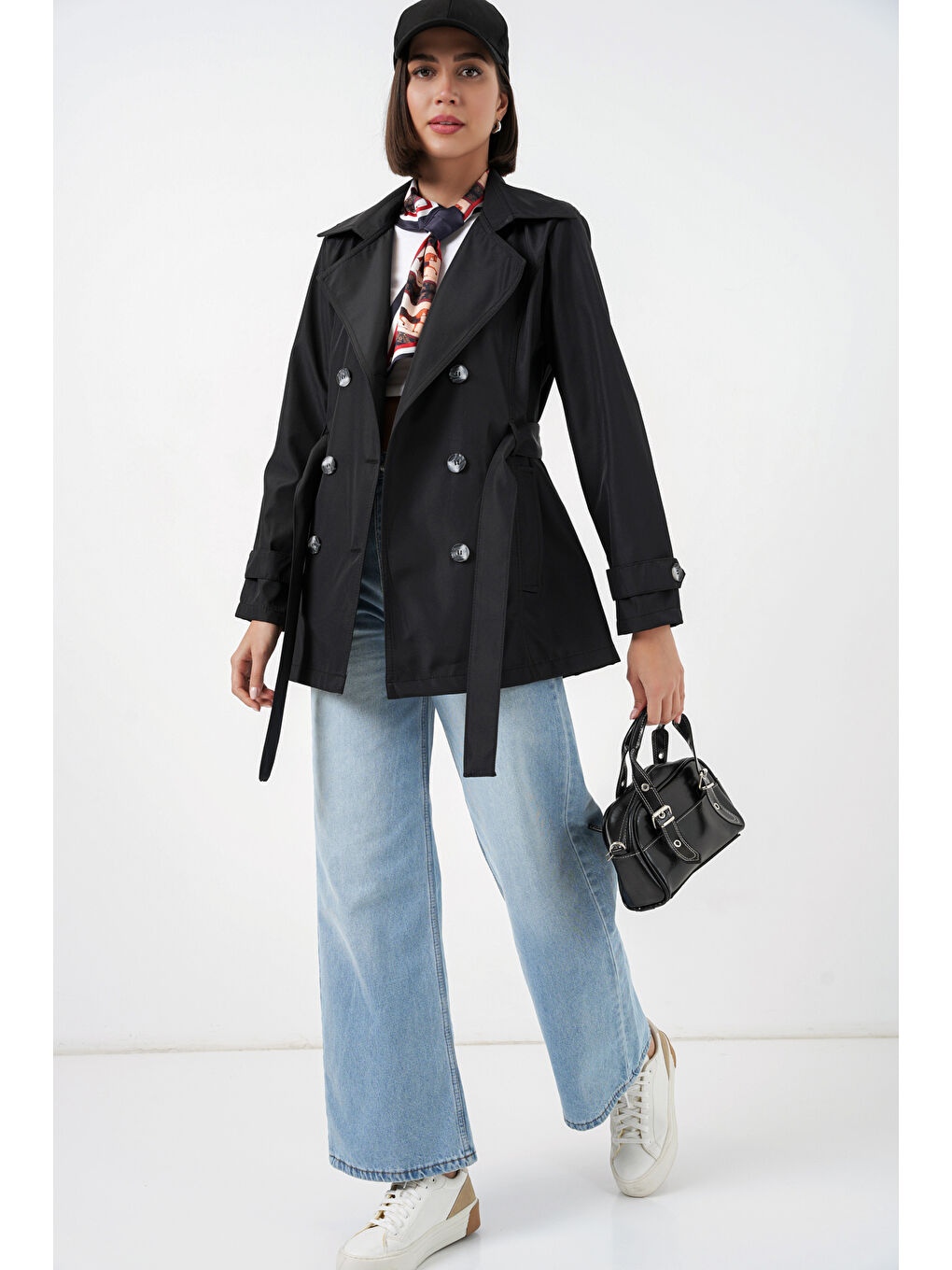Kadın Kuşaklı Kısa Trençkot 5982 - Siyah-1