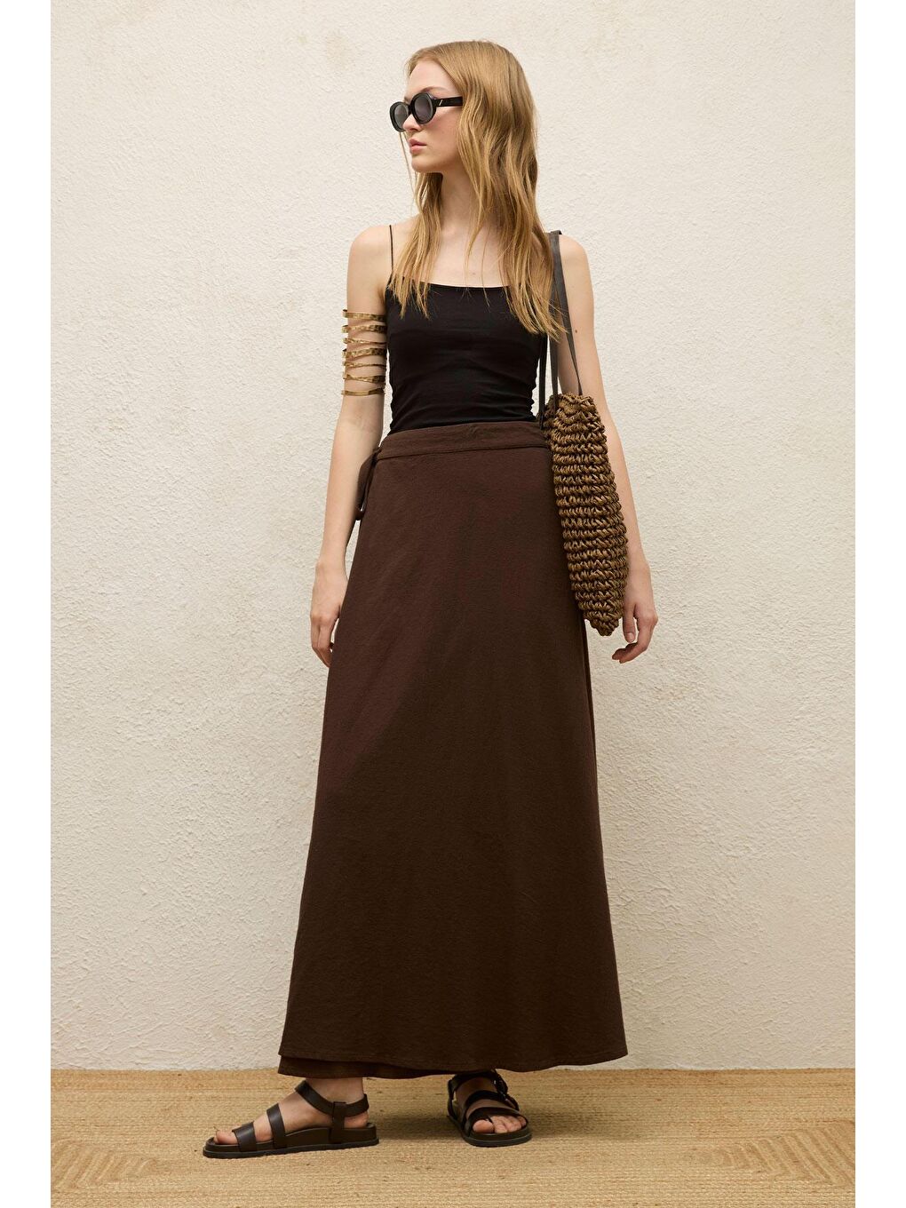 Kahverengi Pamuklu Bağlamalı Kruvaze Etek Acı Kahve-3