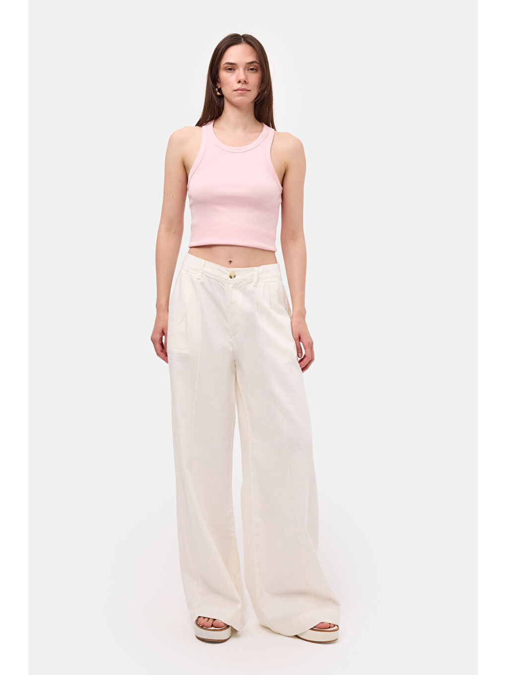 Kadın Kırık Beyaz s6-101 Palazzo Fit Bol Kesim Pantolon-1