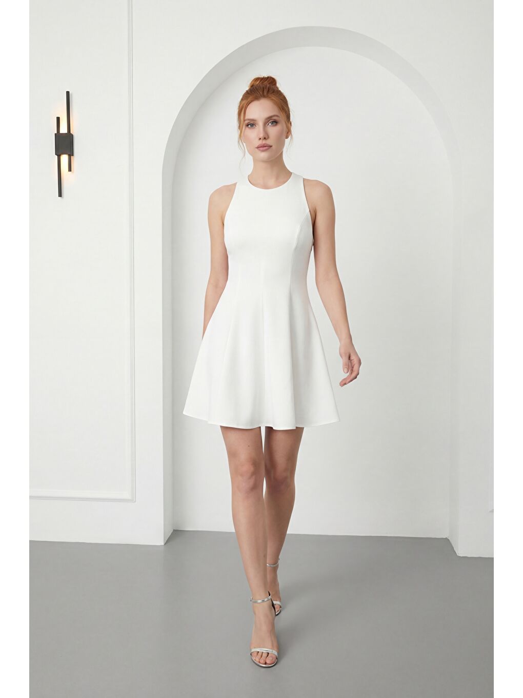 Kadın Ekru Halter Yaka Mini Mezuniyet Abiye Elbise-1