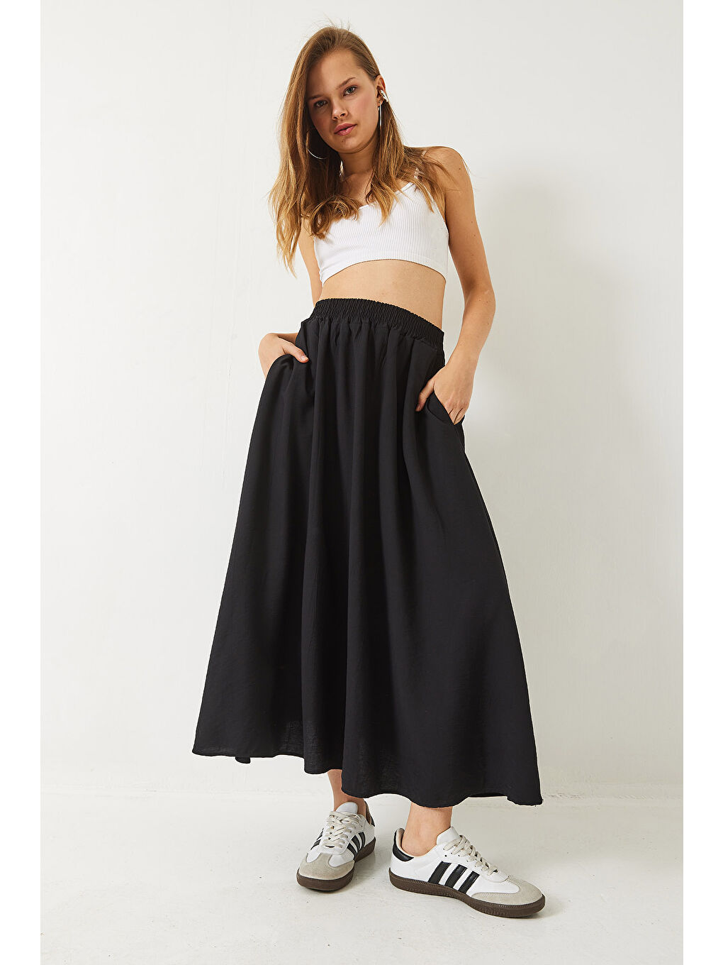 Siyah Kadın Beli Lasikçi Cep Detaylı Dokulu Uzun Etek-2