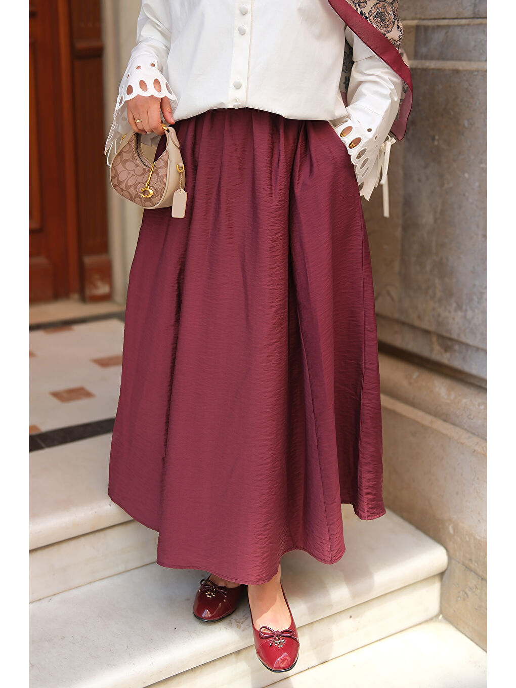 Kadın Krışık Kloş Etek Bordo