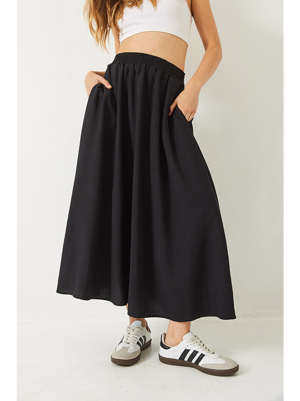 Siyah Kadın Beli Lasikçi Cep Detaylı Dokulu Uzun Etek-3