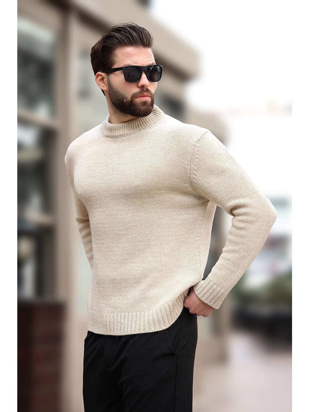 Bej Bisiklet Yaka Overfit Erkek Triko Kazak E7402-3