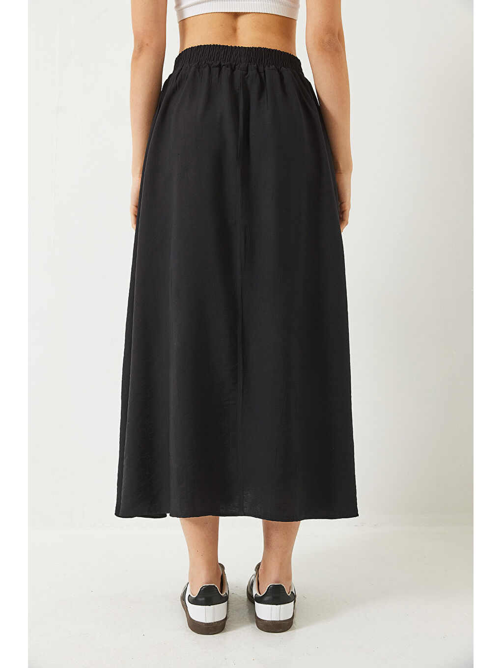 Siyah Kadın Beli Lasikçi Cep Detaylı Dokulu Uzun Etek-5