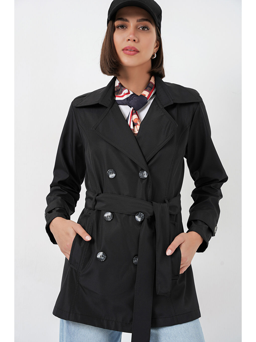 Kadın Kuşaklı Kısa Trençkot 5982 - Siyah-2