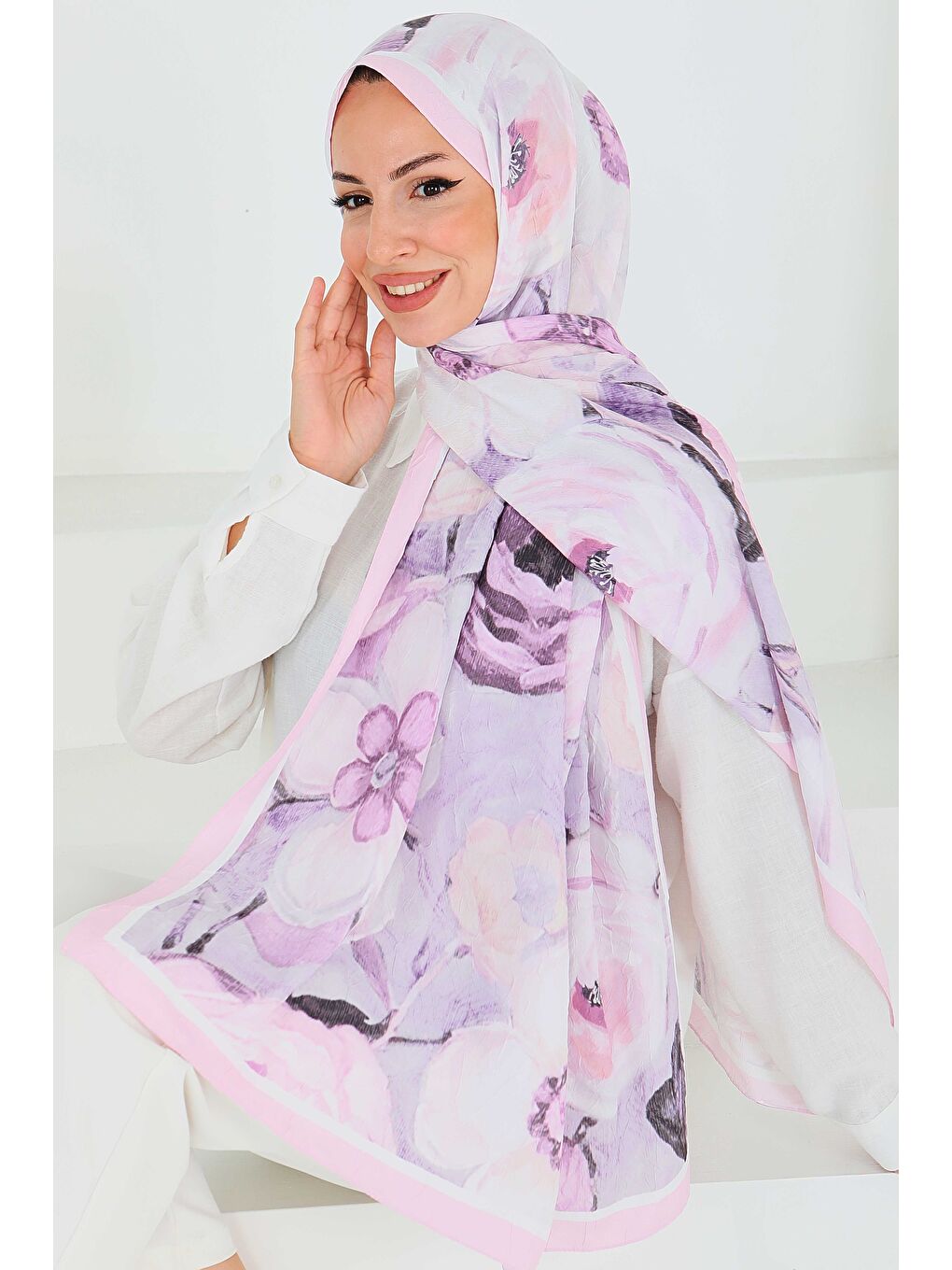 Pembe Desenli Bambu Kare Şal Pudra - 27523