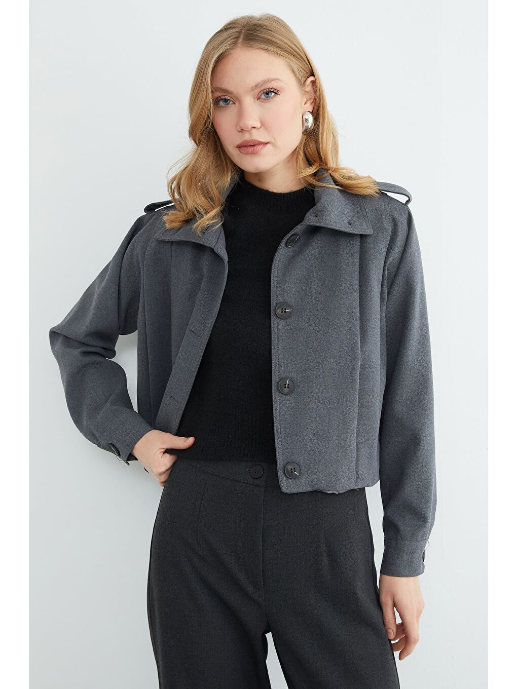 Antrasit Düğmeli Gömlek Yaka Pileli Trençkot-4