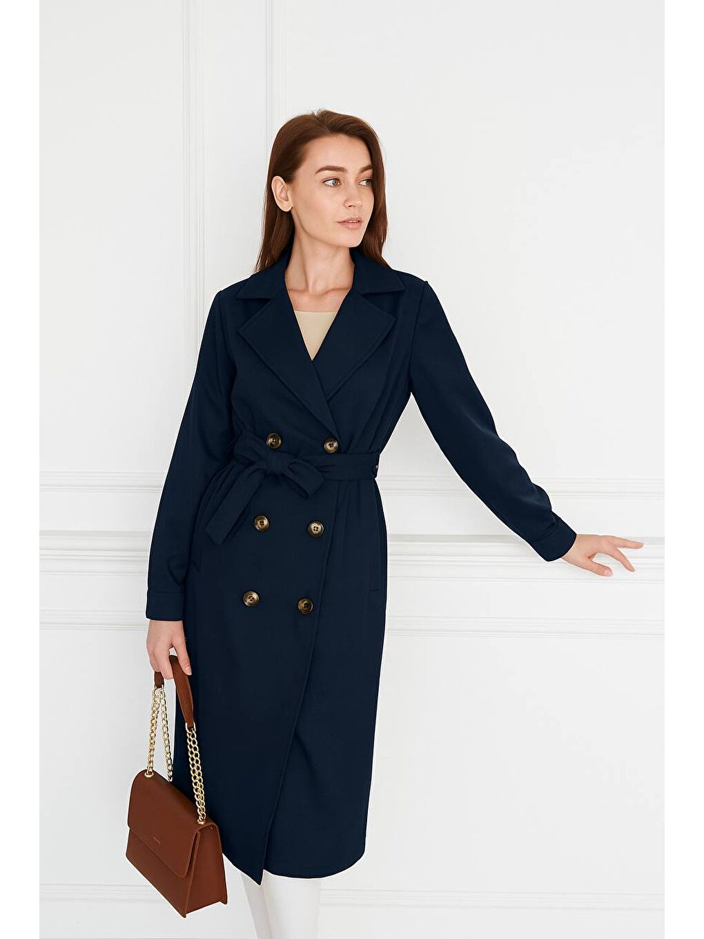 Lacivert Astarsız Cepli Düğmeli Kuşaklı Yazlık Trenç-1