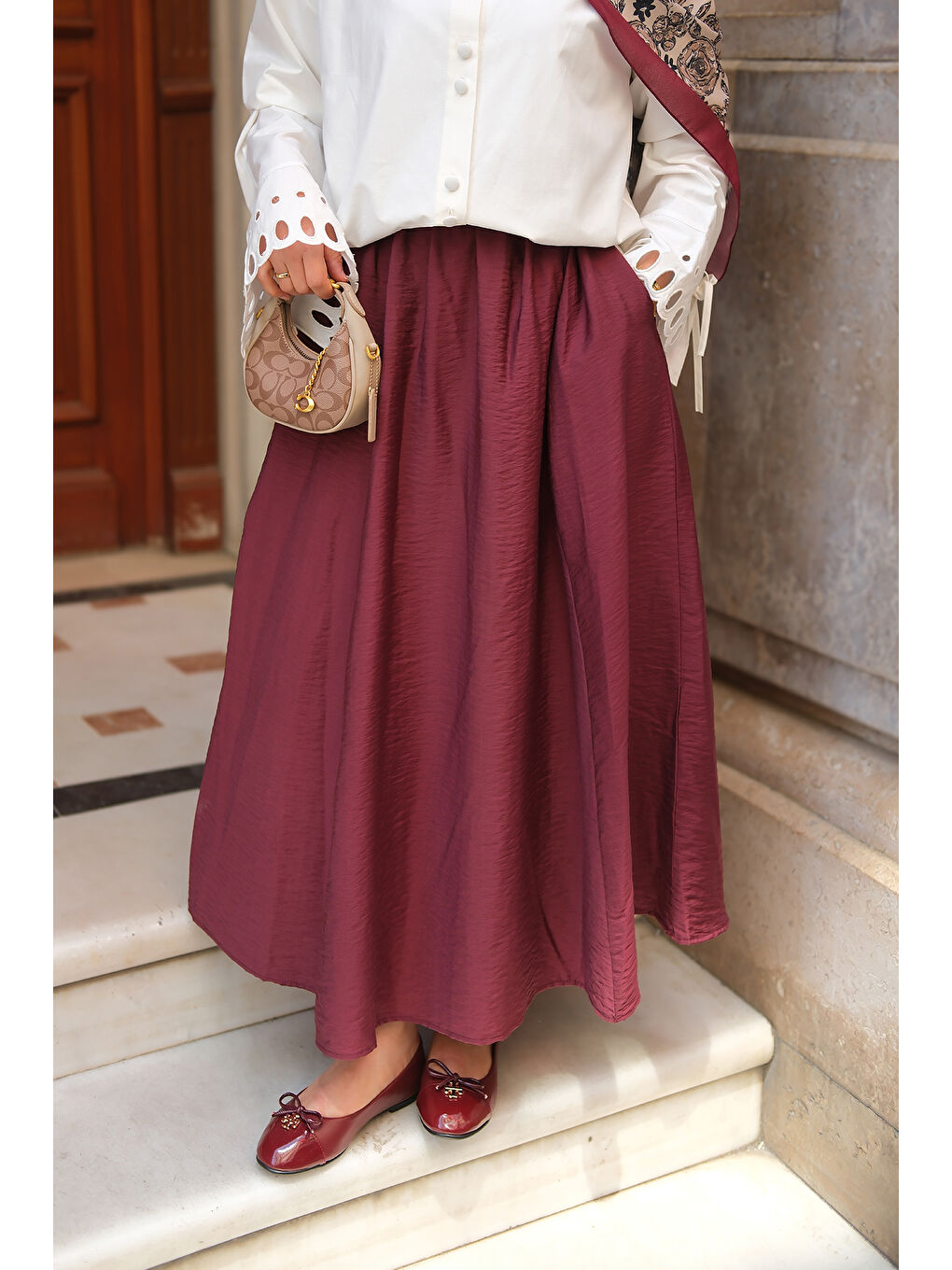 Kadın Krışık Kloş Etek Bordo-1