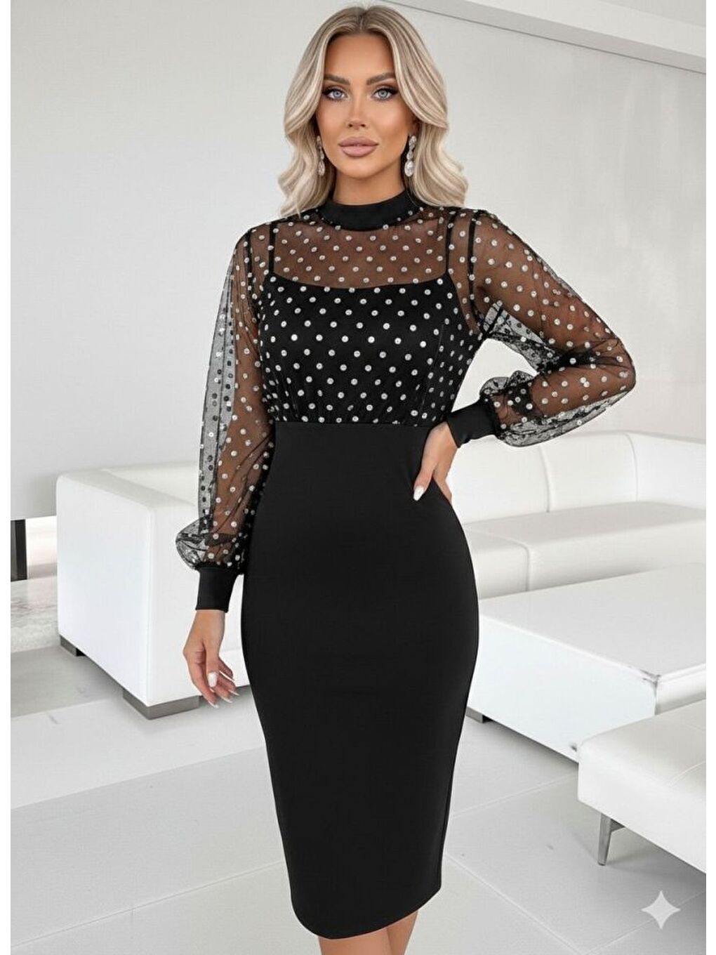 Gri Kadın Balıkçı Yaka Puantiyeli Tül Detay Midi Boy Elbise