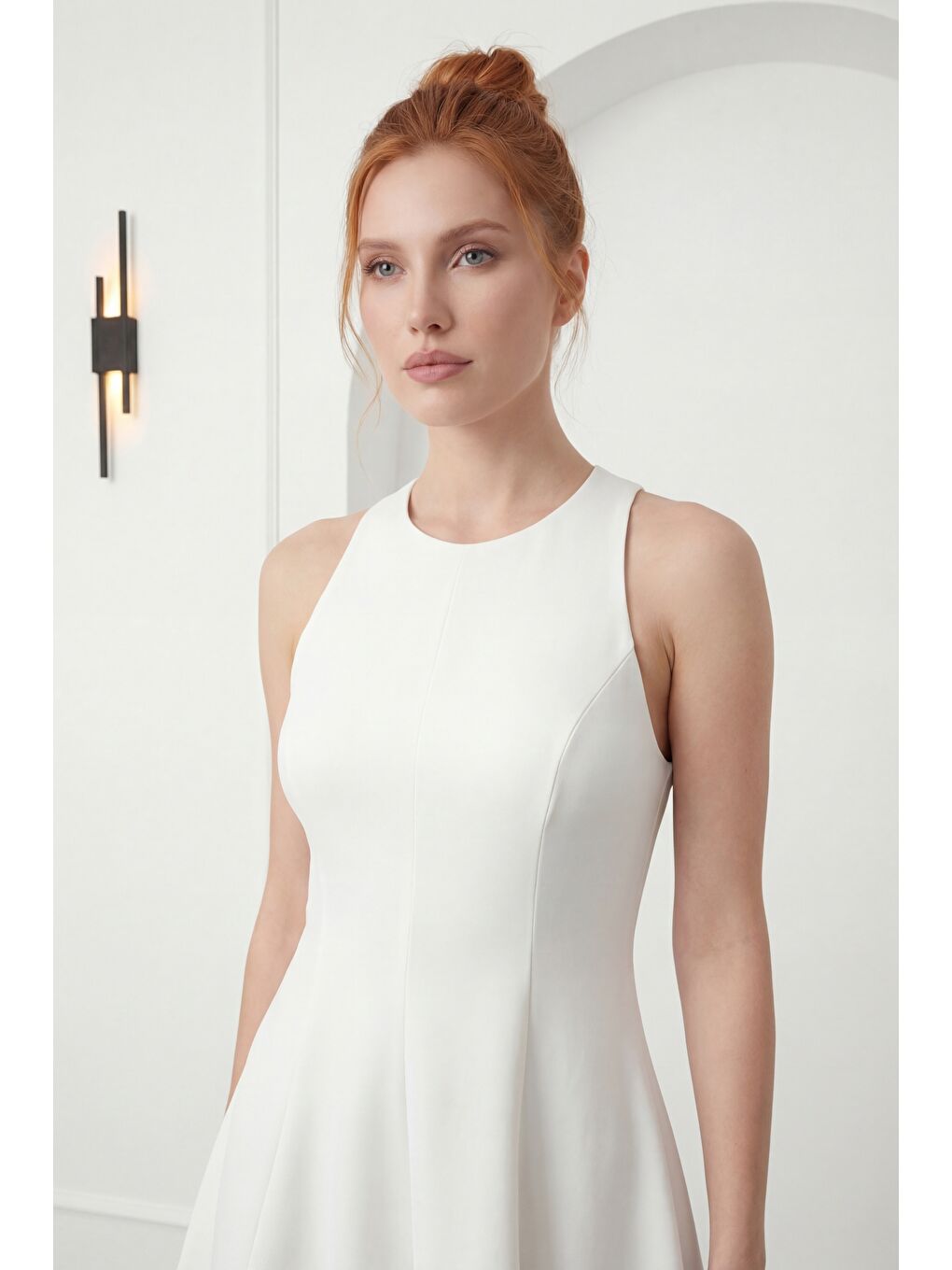 Kadın Ekru Halter Yaka Mini Mezuniyet Abiye Elbise-2