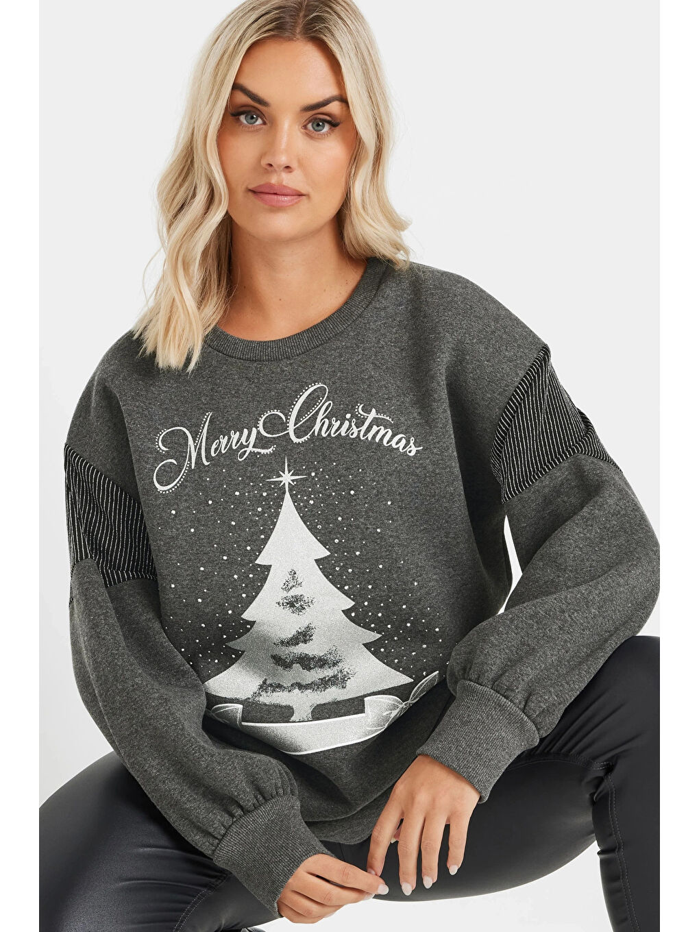 Gri Büyük Beden Yılbaşı Temalı Bisiklet Yaka Uzun Balon Kollu Sweatshirt 303748