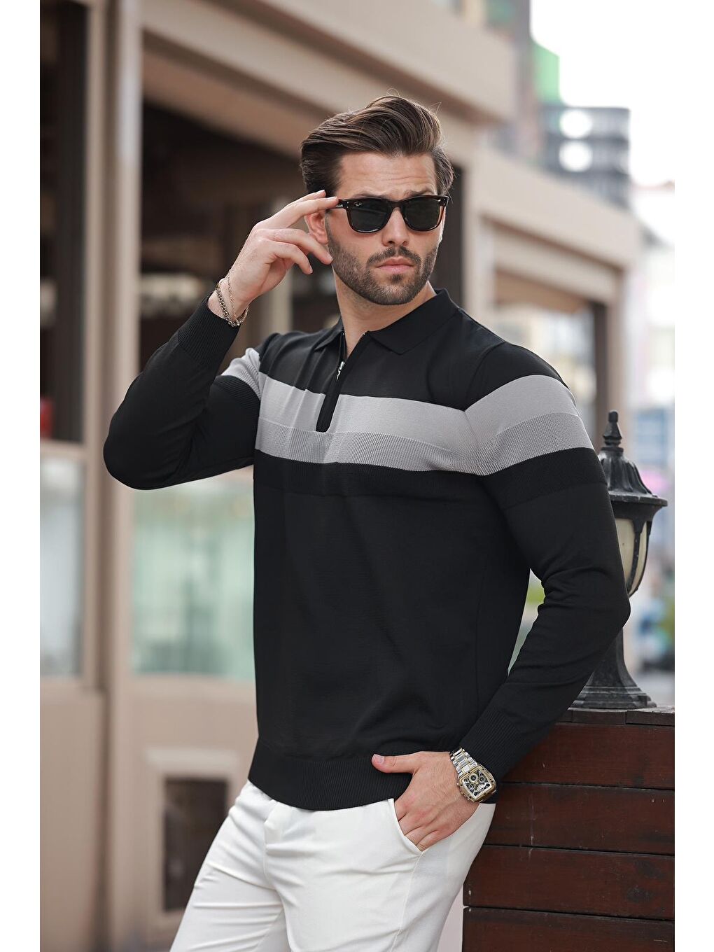 Siyah Fermuarlı Polo Yaka Çizgili Uzun Kollu Kazak E7288-2